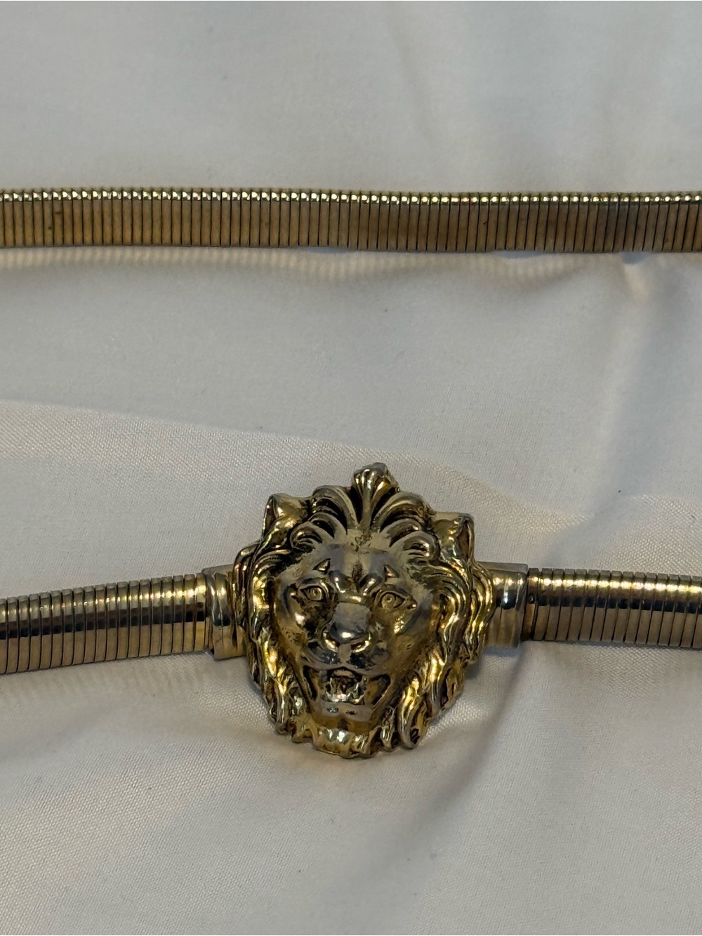 Vintage Anne Klein Lion Head Gold Tone Stretch Snake Chain Belt Made in USA